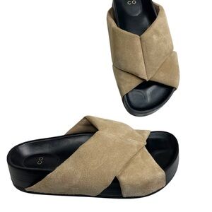 CO Suede Slides 37.5 Tan Puffy Crossover US 7.5